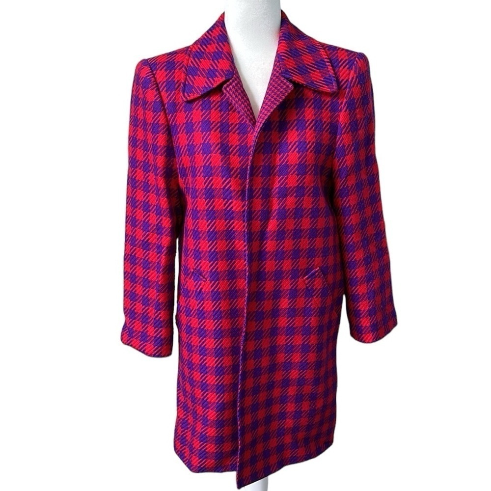 Carlisle Vintage Houndstooth Wool Plaid Long Coat Red Purple Size 6 - Picture 2 of 13